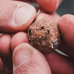 Dłonie trzymają kulkę zanętową z haczykiem. Pokazano, jak zakładać pellet haczykowy.