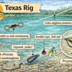 Schemat zestawu Texas Rig: haczyk offsetowy, ciężarek bullet, koraliki, krętlik, linka węglowa i przynęta. Idealny na drapieżniki.