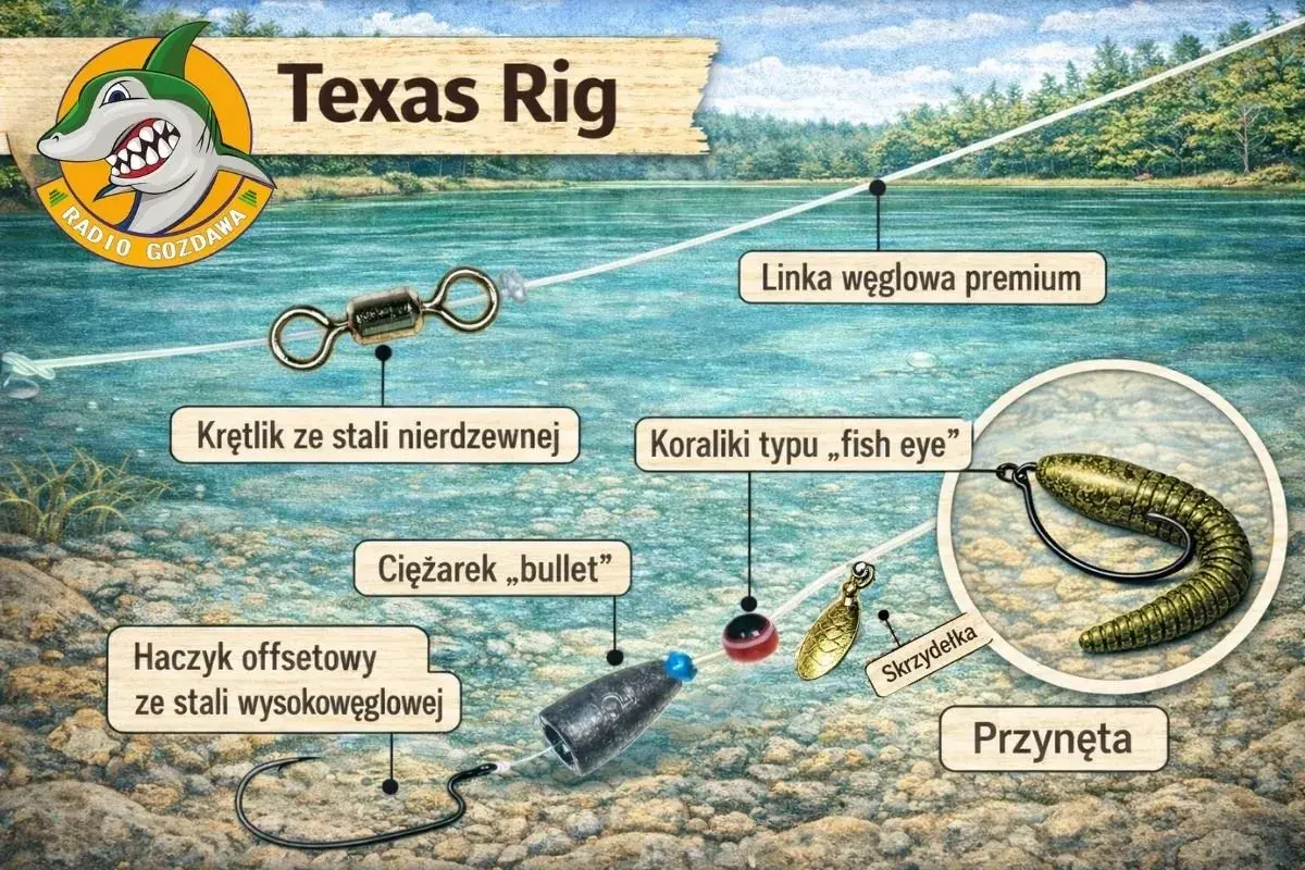 Schemat zestawu Texas Rig: haczyk offsetowy, ciężarek bullet, koraliki, krętlik, linka węglowa i przynęta. Idealny na drapieżniki.