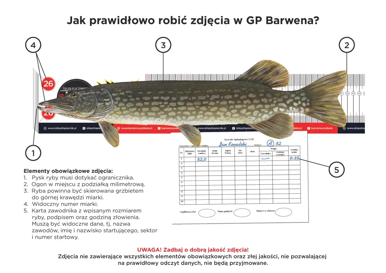 Szczupak 52 cm na miarce, z widocznym numerem zawodnika i godziną złowienia. Kluczowe dla wymiar ochronny szczupaka.